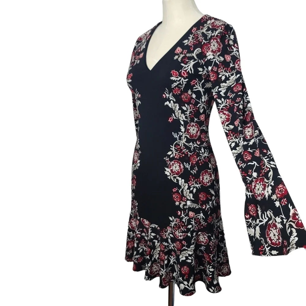 White House Black Market V Neck Black Red White Floral Long Sleeve Dress XS - Picture 4 of 7